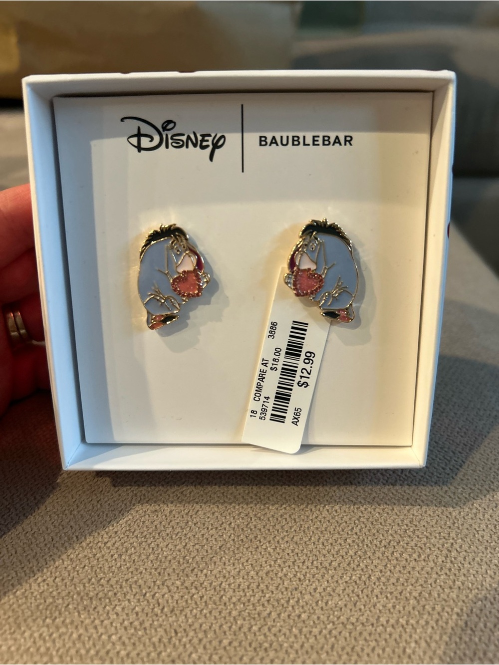 New Disney Eeyore Enamel Stud Earrings - Light Blue & Pink with Gold Trim